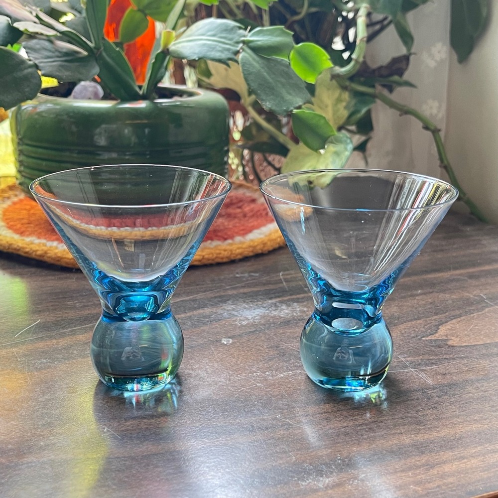 2 Vtg blue MCM Bubble Ball Bottom Martini Glasses Cosmo Stemless‎ Atomic set